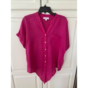 Charter Club Luxury Linen‎ Button Down Top Hot Pink Short Sleeve Womens